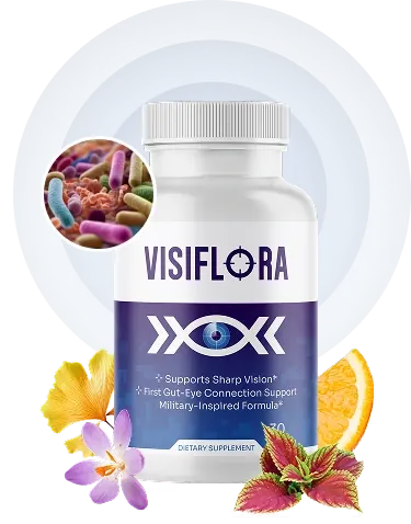 A VisiFlora bottle with an indigo label and an eye logo reading Supports Sharp Vision, First Gut-Eye Connection Support, Military-Inspired Formula, shown with a ginkgo leaf, a saffron crocus, an orange slice, a coleus leaf and a circle of gut bacteria (brand art)