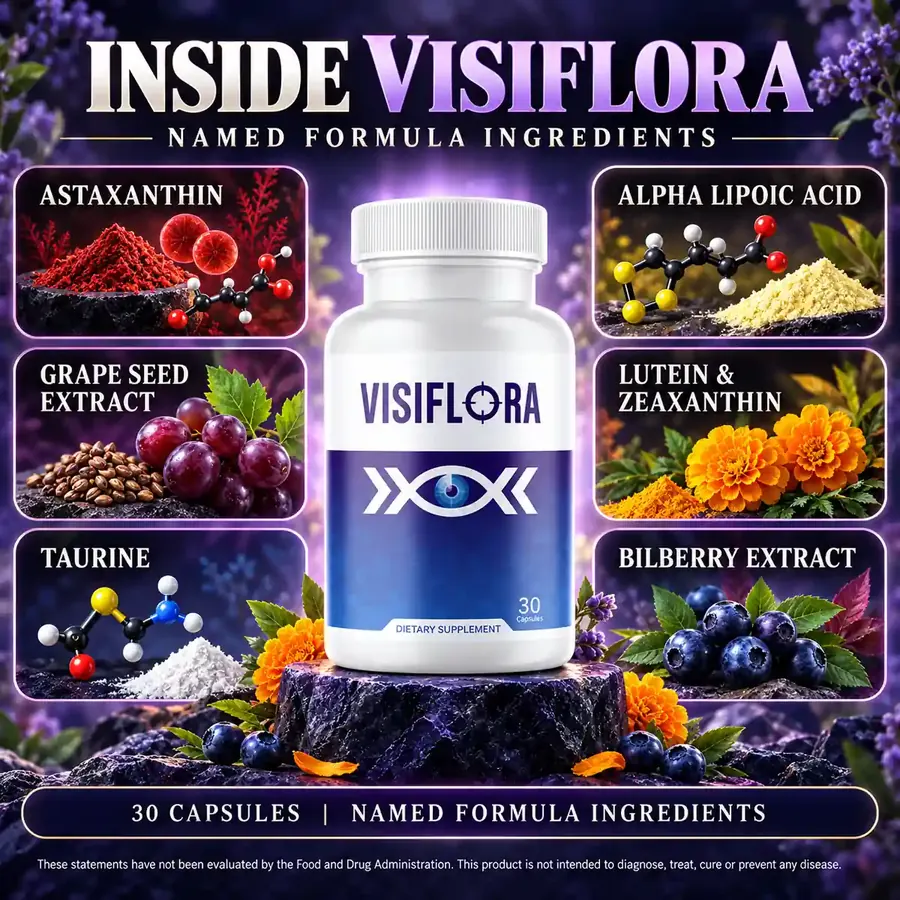 Brand graphic titled Inside VisiFlora, named formula ingredients: a VisiFlora bottle surrounded by tiles for astaxanthin, grape seed extract, taurine, alpha lipoic acid, lutein and zeaxanthin, and bilberry extract, with the line 30 capsules