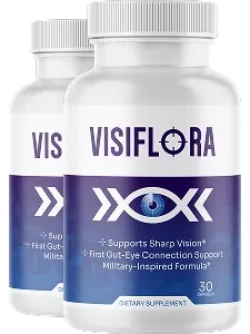 Two VisiFlora bottles with white caps and indigo labels (brand pack image for the 2-bottle offer)