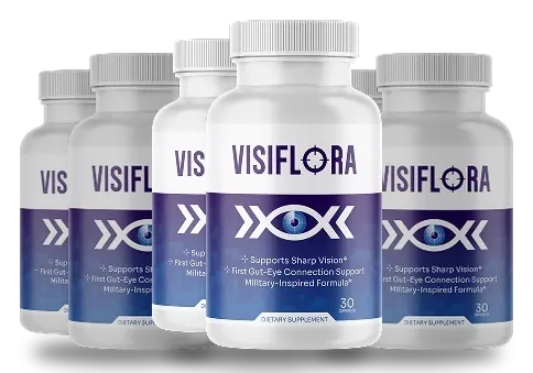 A group of VisiFlora bottles with indigo labels (brand pack image for the 3-bottle offer)
