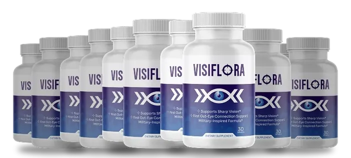 A row of VisiFlora bottles with indigo labels (brand pack image for the 6-bottle offer)
